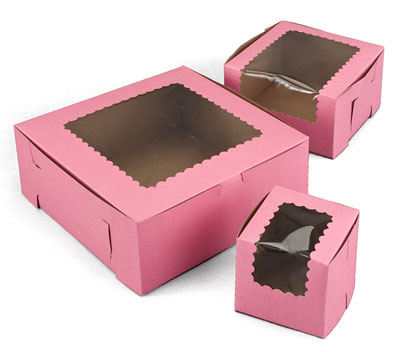 lot of 20 4x4x4 Bakery boxes gift cupcake muffin box pink w/ inserts window 